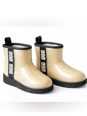 UGG Beige Clear Short Rain Boots with Black Trim